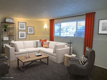 a living room with white furniture and a window at Rock Creek, Billings